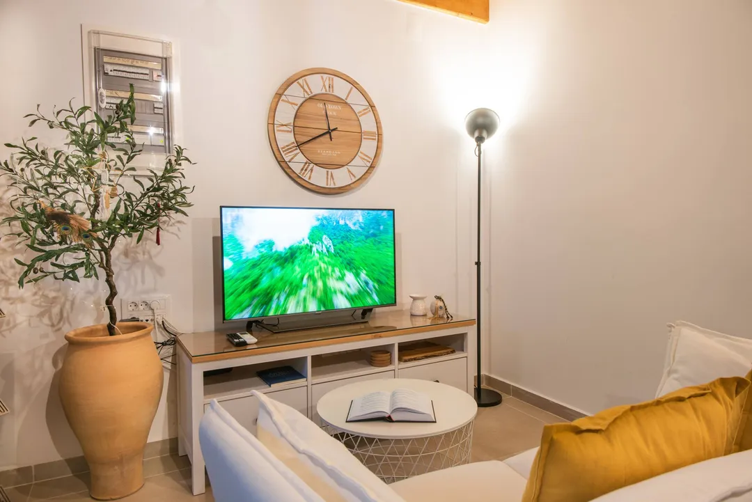 The Ntoukiani living room: sofa, olive tree in a jar, soft light